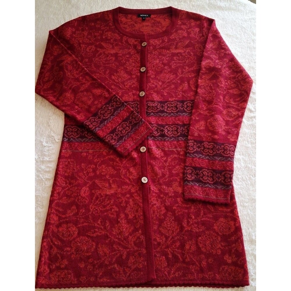 NOVICA 100% Alpaca Red Floral Button Cardigan Knit Sweater Women's S